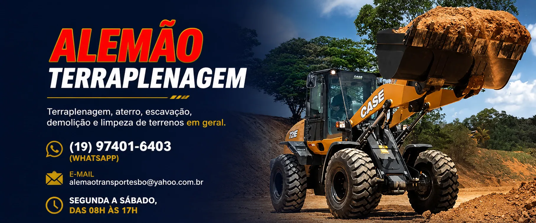 Alemão Terraplenagem: terraplenagem, aterro, escavação, demolição e limpeza de terrenos em geral. WhatsApp (19) 97401-6403. Segunda a sábado, das 8h às 17h.